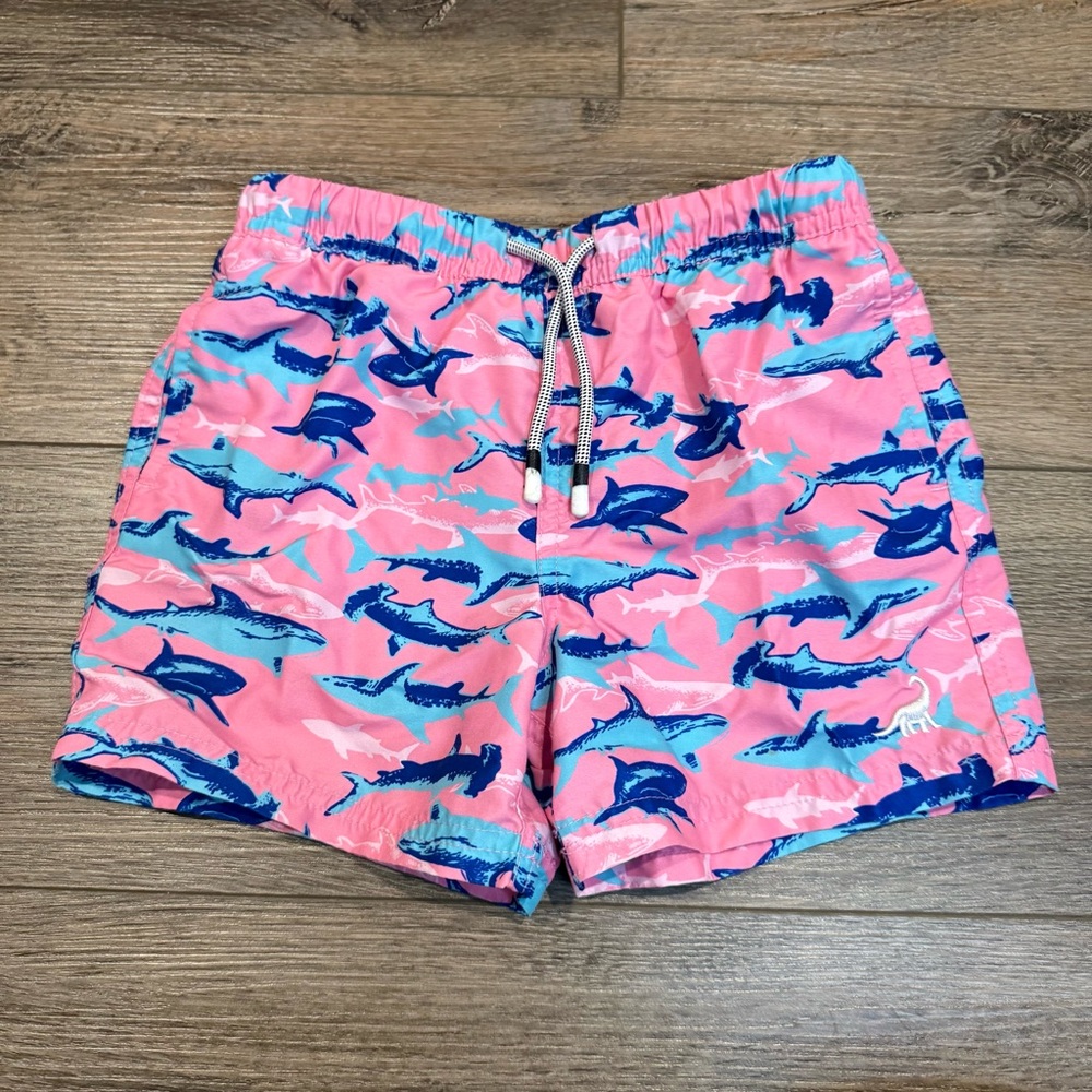 Kids' Pink Shark Print Swim Trunks-Surf Cuz